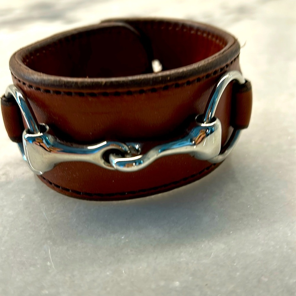 Brown Leather Cuff Bracelet with Equestrian Silver Bit Accents